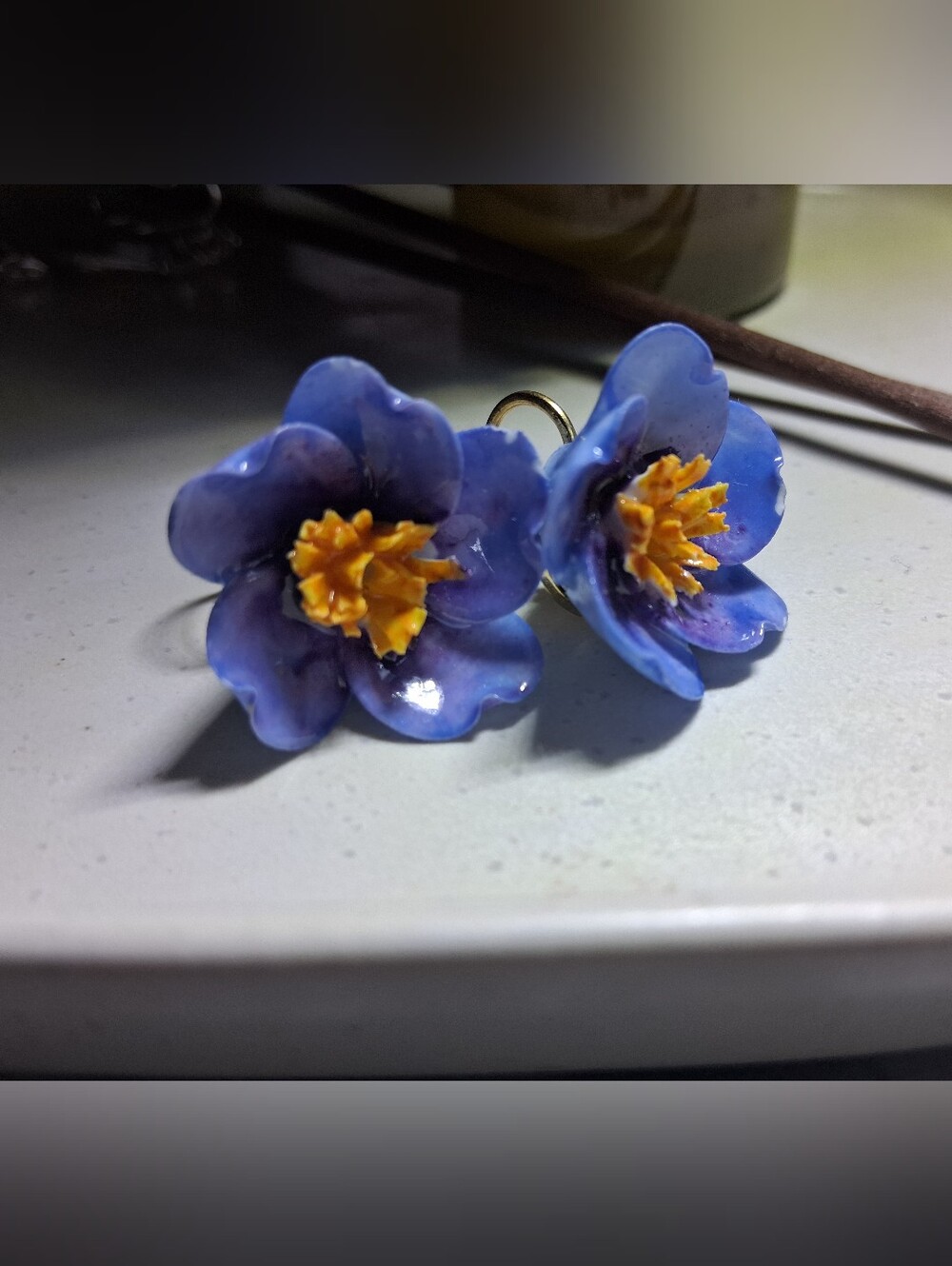 Vintage Denton England Blue Floral Porcelain Screw Back Earrings